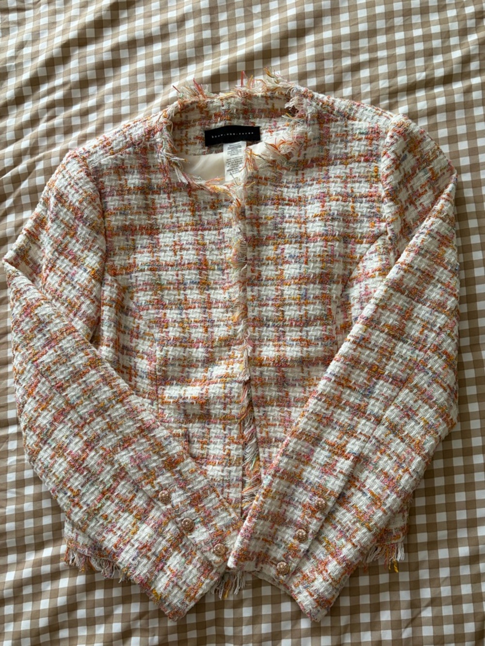 Pink & Cream Tweed Fringe Cropped Jacket